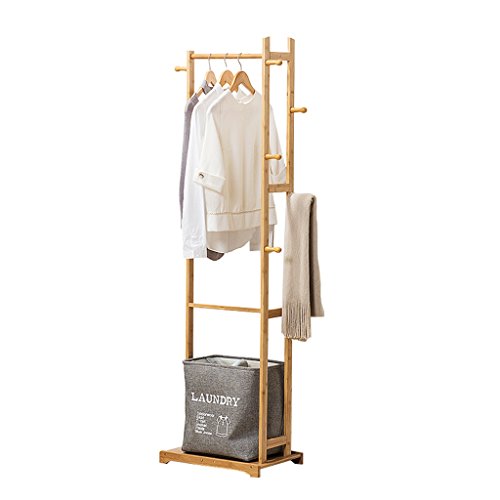 Floor Standing Coat Rack Cabinet Type, Bamboo Clothes/Hat/Shoe Storage Rack Clothing Shelf Multi-Layer Multifunction Hangers Single Rod Type,6 Hook,L47D31H171cm,Wood Color