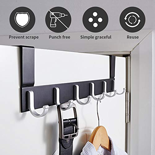 KAIYING Over The Door Hanger Hook, Space Saving Door Towel Rack, Heavy Duty Organizer Rack for Coat, Robe, Bag, Aluminum, Polished Finish, Black (6 Hooks)