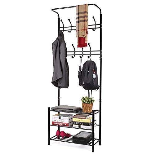 HOMFA Metal Entryway Coat Shoe Rack 3-tier Shoe Bench with Coat Hat Umbrella Rack 18 Hooks (Black)