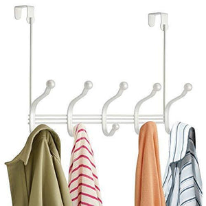 The best mdesign decorative over door 10 hook steel storage organizer rack for coats hoodies hats scarves purses leashes bath towels robes for mens and womens clothing pearl white