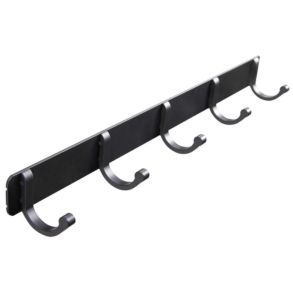 Hoomtaook Bathroom Coat and Hat Hook Rail/Rack Wall Mounted Rustproof 14" Hanger 5 Heavy Duty Hooks No Drilling Adhesive Space Aluminum for Kitchen(Black)