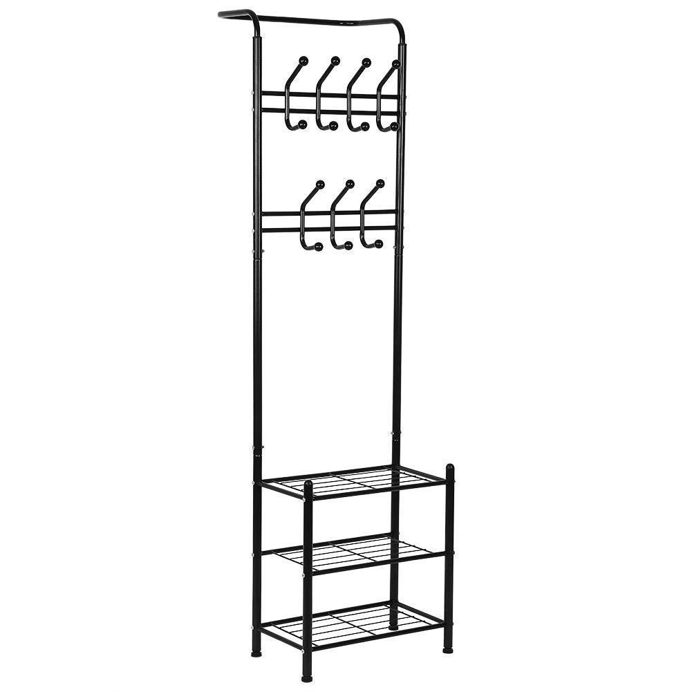 Top hall tree coat rack black metal coat hat shoe bench rack 3 tier storage shelves free standing clothes stand 18 hooks entryway corner hallway garment organizer