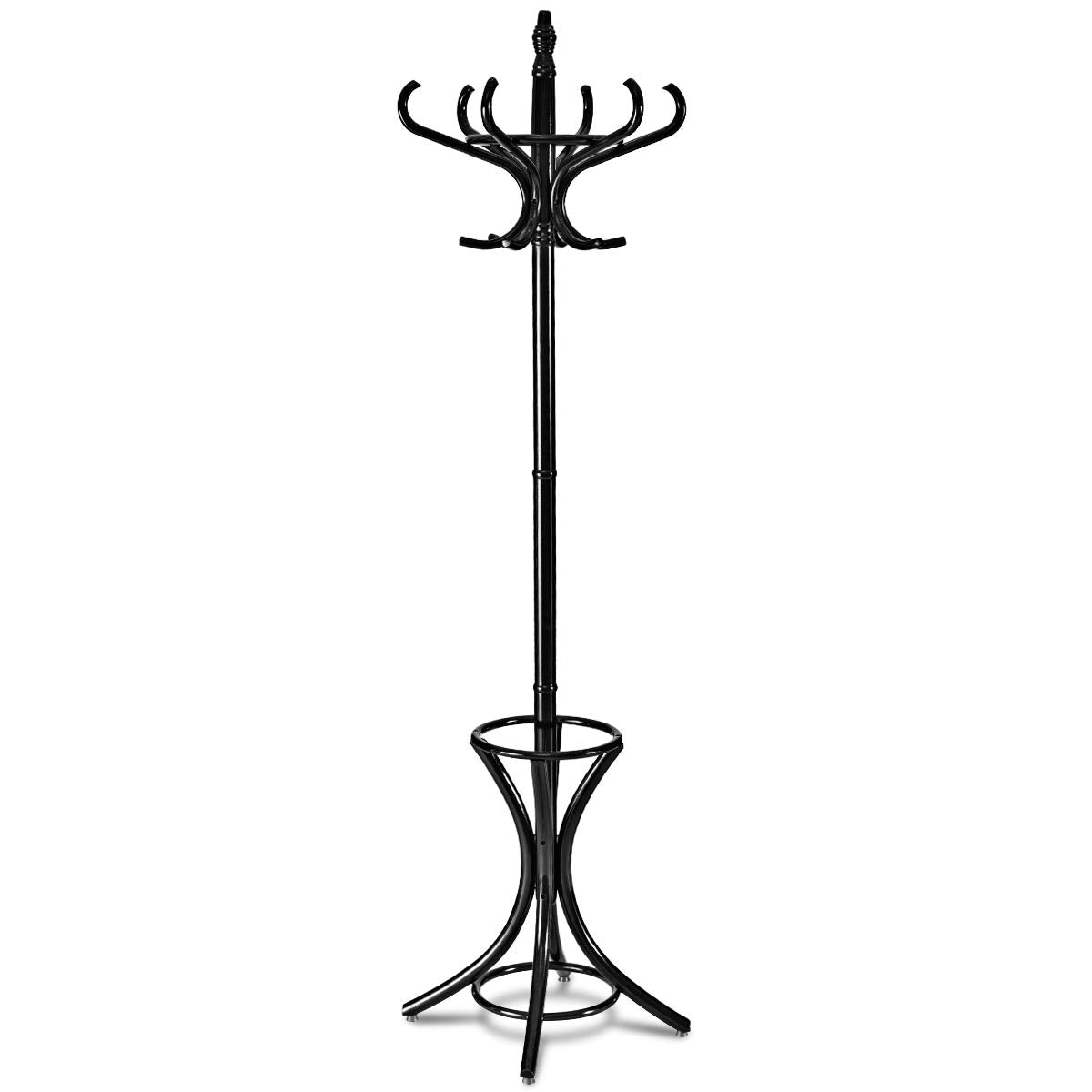 Tangkula Standing Coat Rack Wood 12 Hooks Home Hat Jacket Hanger Tree 12 with Umbrella Holder Coat Stand (Black)