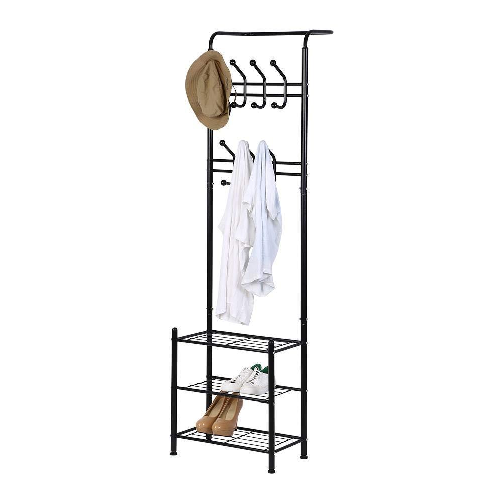 Storage organizer hall tree coat rack black metal coat hat shoe bench rack 3 tier storage shelves free standing clothes stand 18 hooks entryway corner hallway garment organizer