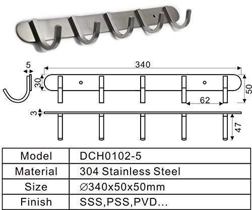 Kitchen coat hook rack with 5 square hooks premium modern wall mounted ultra durable with solid steel construction brushed stainless steel finish super easy installation rust and water proof