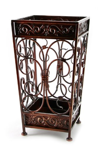 Brelso Super Quality Umbrella Stand, Umbrella Holder, Antique Look Metal, Entry Hallway Décor, Square Style, w/Removable Drip Tray. (Red-Brown)