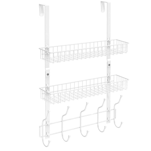 Results nex upgrade over the door hook shelf organizer 5 hooks with 2 baskets storage rack for coats towels chrome white