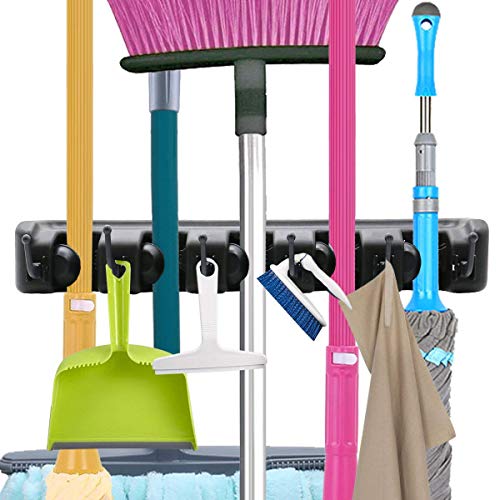 Broom Mop Holder Wall Mounted Garden Garage Rack Tool Hanger Storage Organizer(5 Position with 6 Hooks)