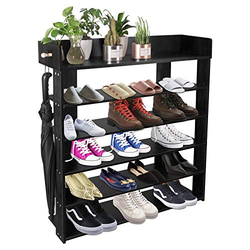 H&A 6 Tiers Natural Wood Shoe Rack Organizer Environment-Friendly Shoe Storage Cabinet (Black)