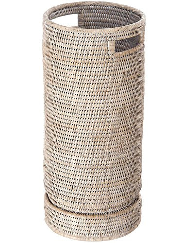 KOUBOO 1060071 La Jolla Rattan Round Umbrella Stand with Water Catch, 9.5" x 9.5" x 21", White Wash