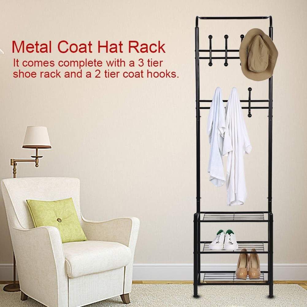 Amazon best hall tree coat rack black metal coat hat shoe bench rack 3 tier storage shelves free standing clothes stand 18 hooks entryway corner hallway garment organizer