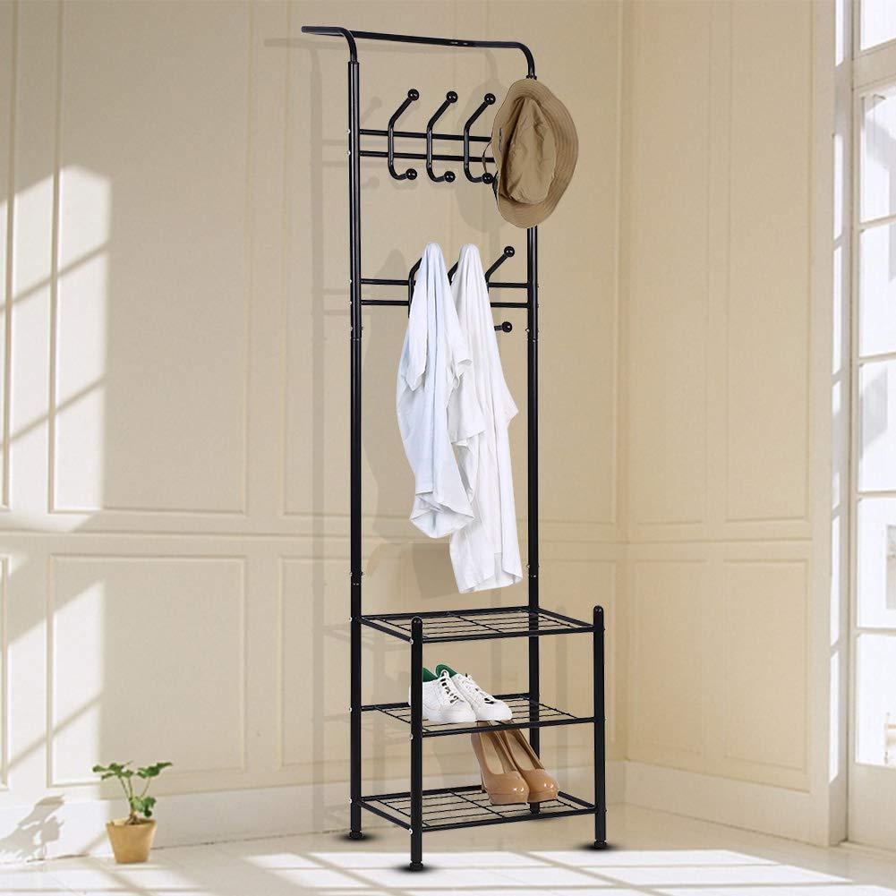 Amazon hall tree coat rack black metal coat hat shoe bench rack 3 tier storage shelves free standing clothes stand 18 hooks entryway corner hallway garment organizer