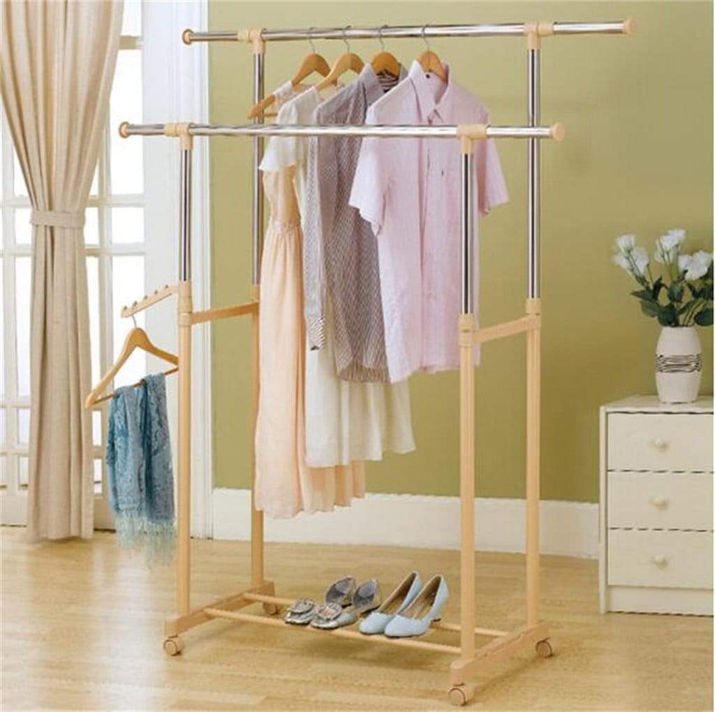 Save on lpymxcoat rack floor bedroom drying rack floor lift drying racks double rod hangers adjustable shelf racks stainless steel castors gold