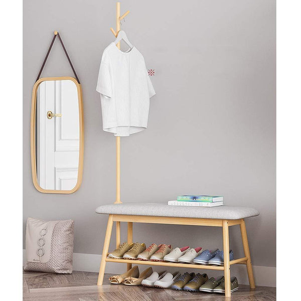 Shop here zhen guo entryway shoe bench with coat rack modern bamboo shoe rack organizer with hall tree coat and hat hanger over the door color natural