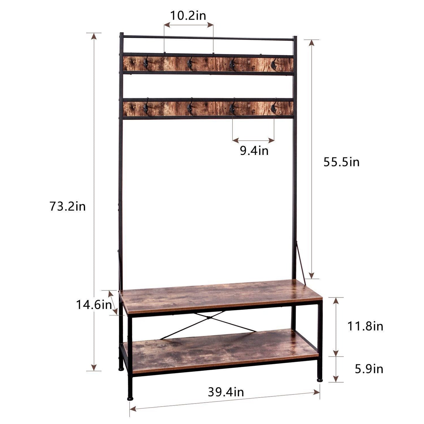 Home ironck coat rack free standing hall tree industrial entryway organizer coat stand with storage bench mdf board multifunctional sturdy metal frame large size