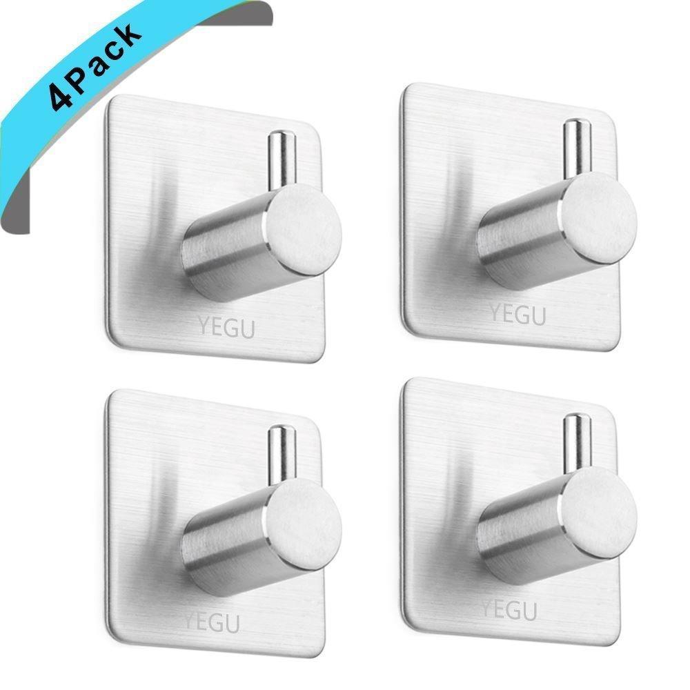 Storage organizer yegu 3m self adhesive hook 4 pack sus304 stainless steel brushed nickel robe towel coat hanger key rack garage storage organizer stick on sticky bathroom kitchen wall mount heavy duty