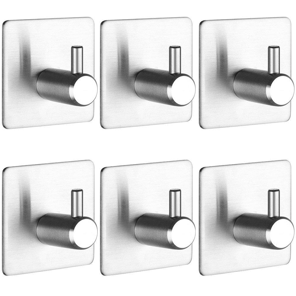 New self adhesive hooks keku 6 pack heavy duty stainless steel bathroom tower hooks for closets coat robe hanger rack wall mount