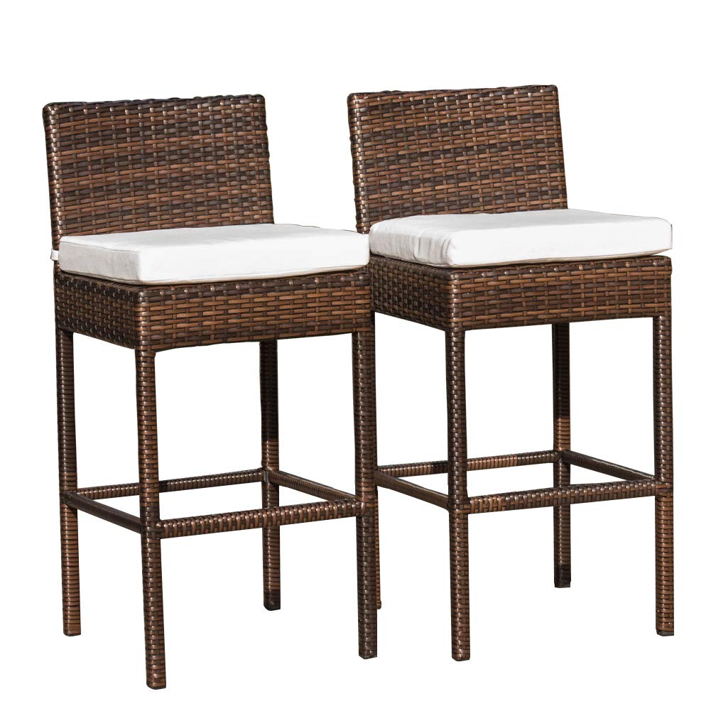 Sundale Outdoor 2 Pcs Brown Wicker Counter Height Bar Stool with Cushions All Weather Patio Furniture Set