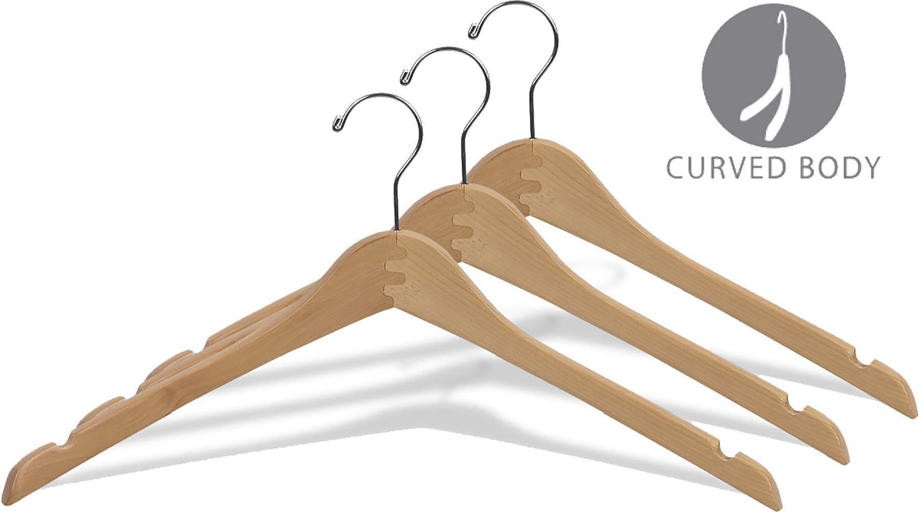 Heavy duty the great american hanger company curved wood top hanger box of 25 17 inch wooden hangers w natural finish chrome swivel hook notches for shirt jacket or coat