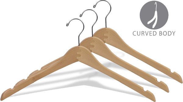 Heavy duty the great american hanger company curved wood top hanger box of 25 17 inch wooden hangers w natural finish chrome swivel hook notches for shirt jacket or coat