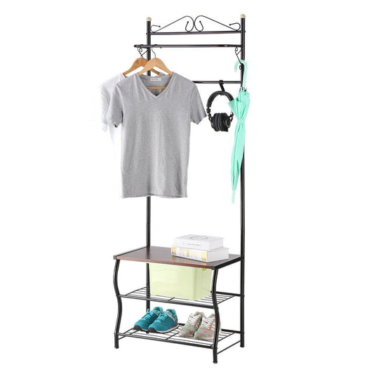 New langria entryway coat rack metal standing hall tree with 2 tier grid wire shoe rack wooden bench and hat umbrella holder features 5 hooks black