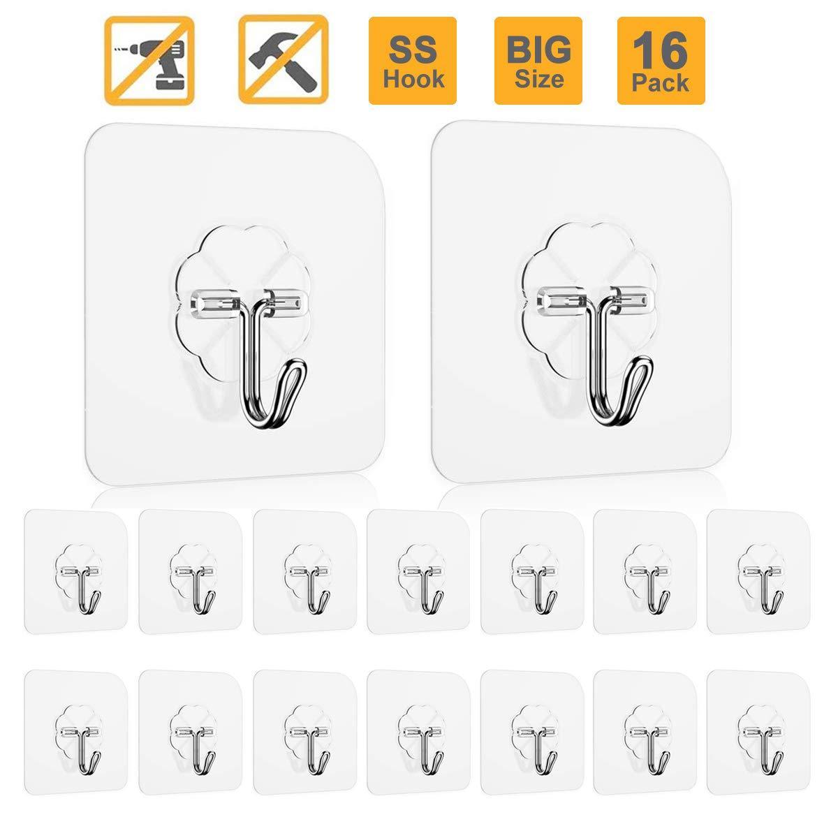 Purchase adhesive hooks key hooks coat hooks heavy duty wall hooks stainless steel waterproof wall hangers for robe coat towel keys bags home kitchen bathroom 16 pack