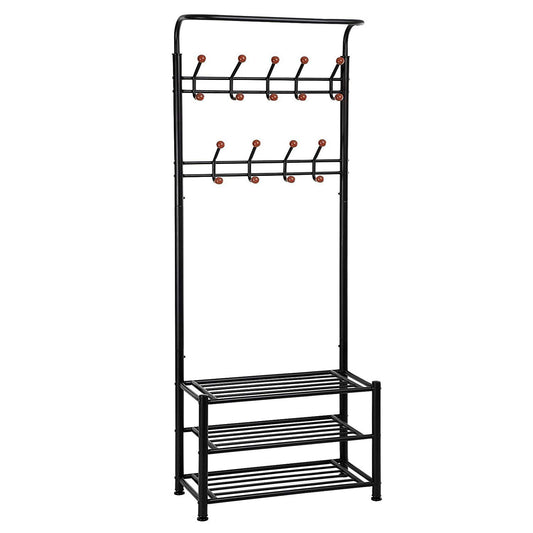 Finefurniture Entryway Coat and Shoe Rack with 18 Hooks and 3-Tier Shelves, Fashion Garment Rack, Bag Clothes Umbrella and Hat Rack with Hanger Bar