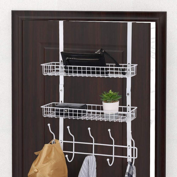 Shop nex upgrade over the door hook shelf organizer 5 hooks with 2 baskets storage rack for coats towels chrome white