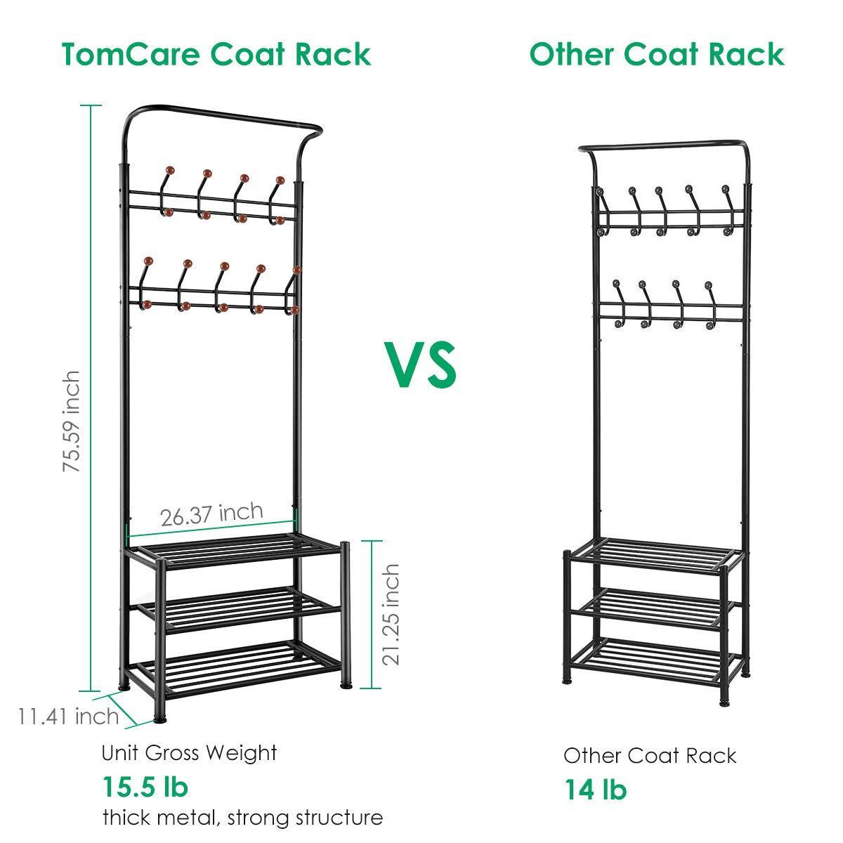 Selection tomcare coat rack with 3 tier shoe rack hall tree entryway bench organizer 18 hooks coat hanger hat racks heavy duty with shoe storage shelves metal black for doorway hallway