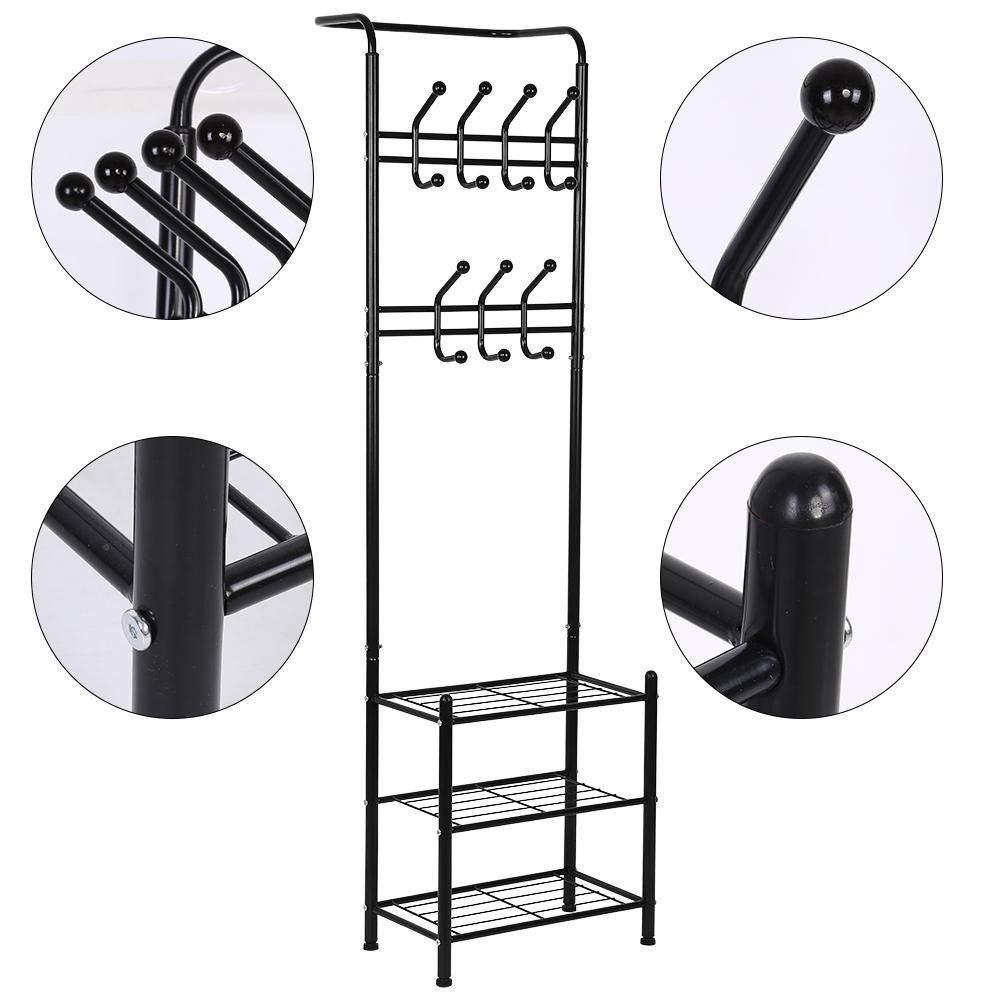 Top rated hall tree coat rack black metal coat hat shoe bench rack 3 tier storage shelves free standing clothes stand 18 hooks entryway corner hallway garment organizer