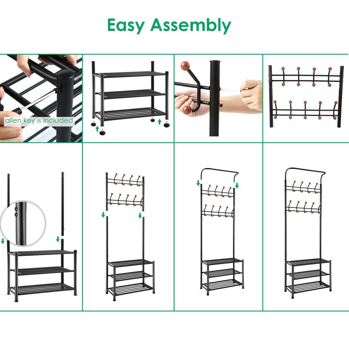 Save tomcare coat rack with 3 tier shoe rack hall tree entryway bench organizer 18 hooks coat hanger hat racks heavy duty with shoe storage shelves metal black for doorway hallway