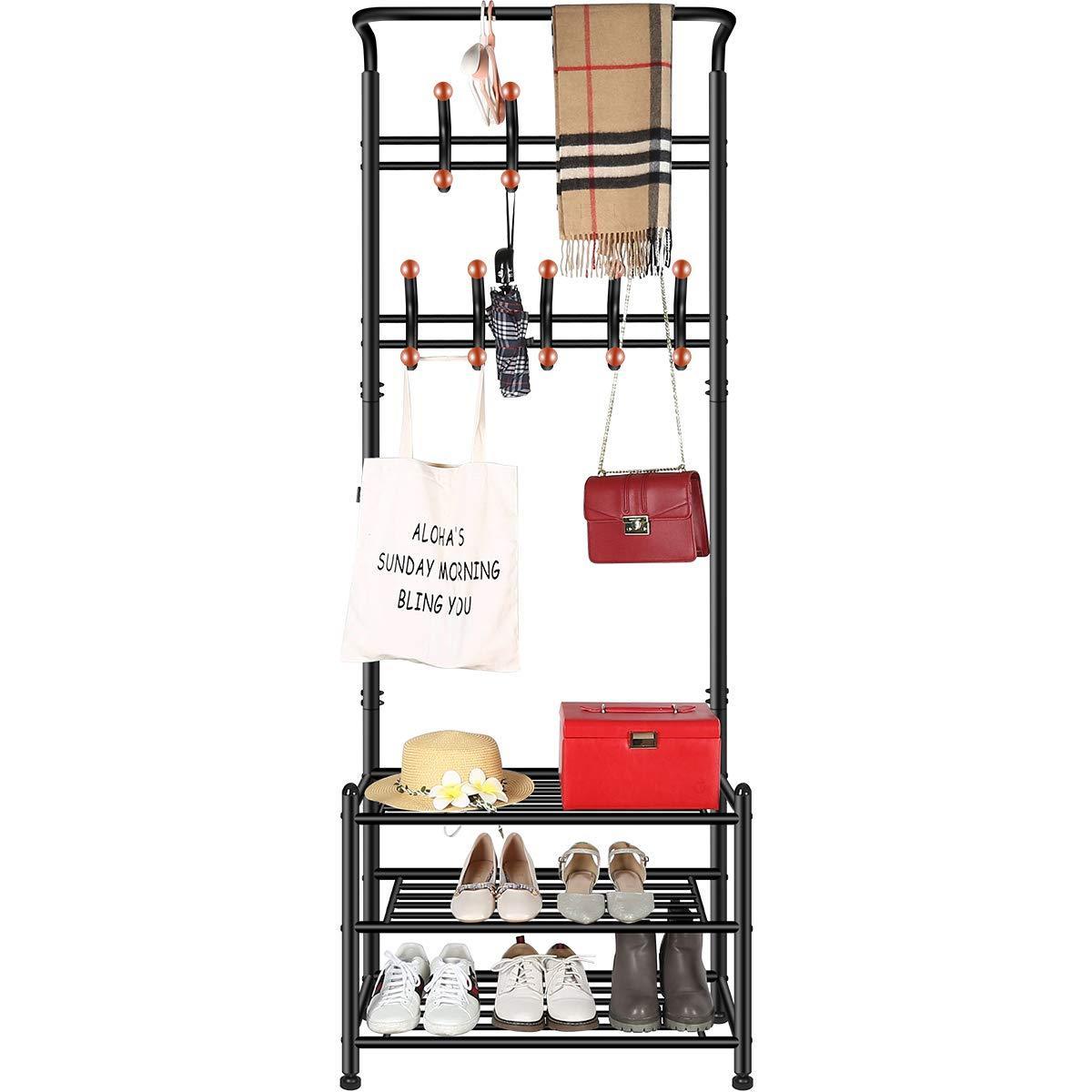 Purchase tomcare coat rack with 3 tier shoe rack hall tree entryway bench organizer 18 hooks coat hanger hat racks heavy duty with shoe storage shelves metal black for doorway hallway