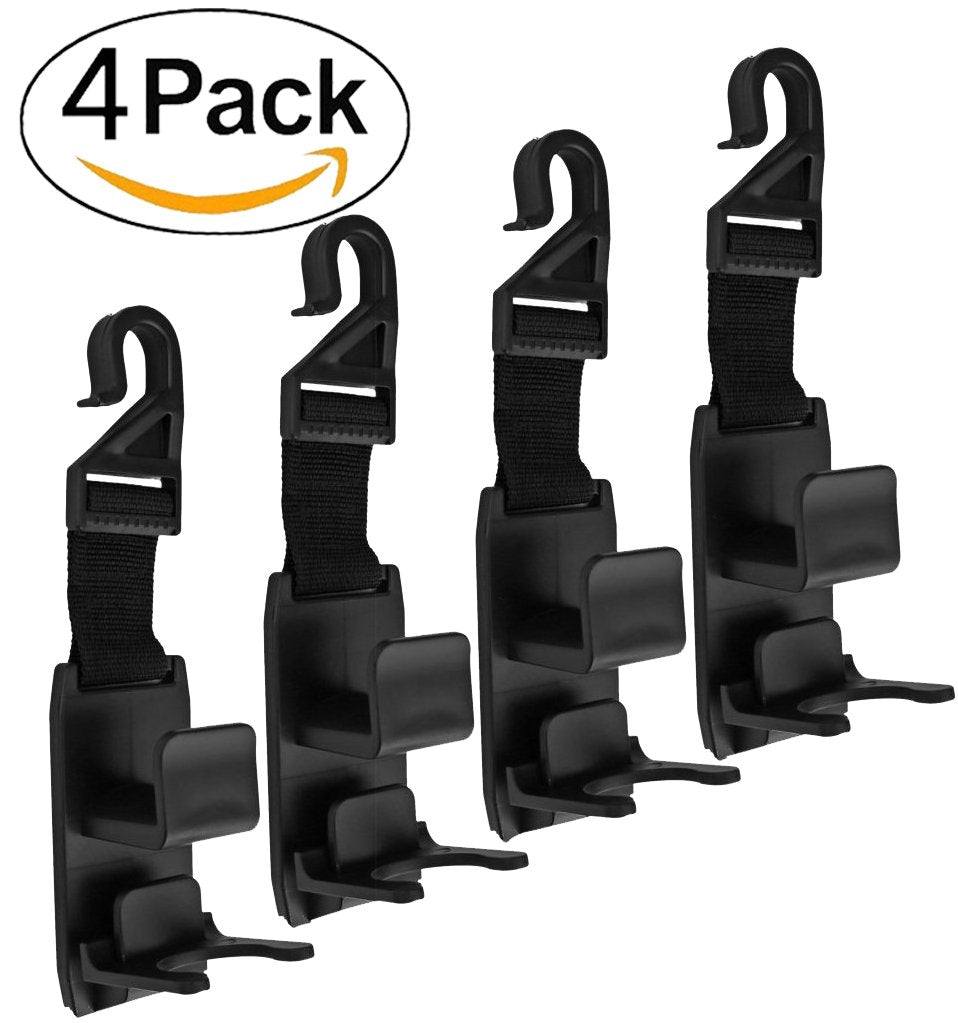 LOYMR 4 Pack Universal Car Vehicle Back Seat Headrest Hanger Hook for Shopping Bags Coats Purse Grocery Bottle Adapter Storage Hooks (Black)