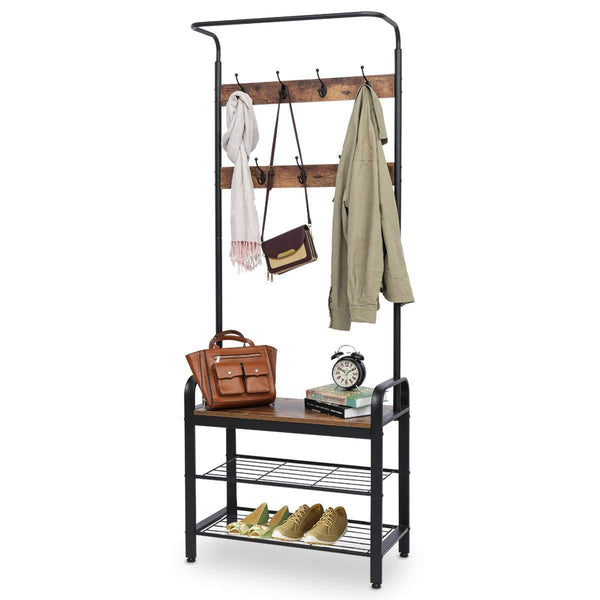 Shop here kingso industrial coat rack hall tree entryway coat shoe rack 3 tier shoe bench 7 hooks wood look accent furniture with stable metal frame easy assembly