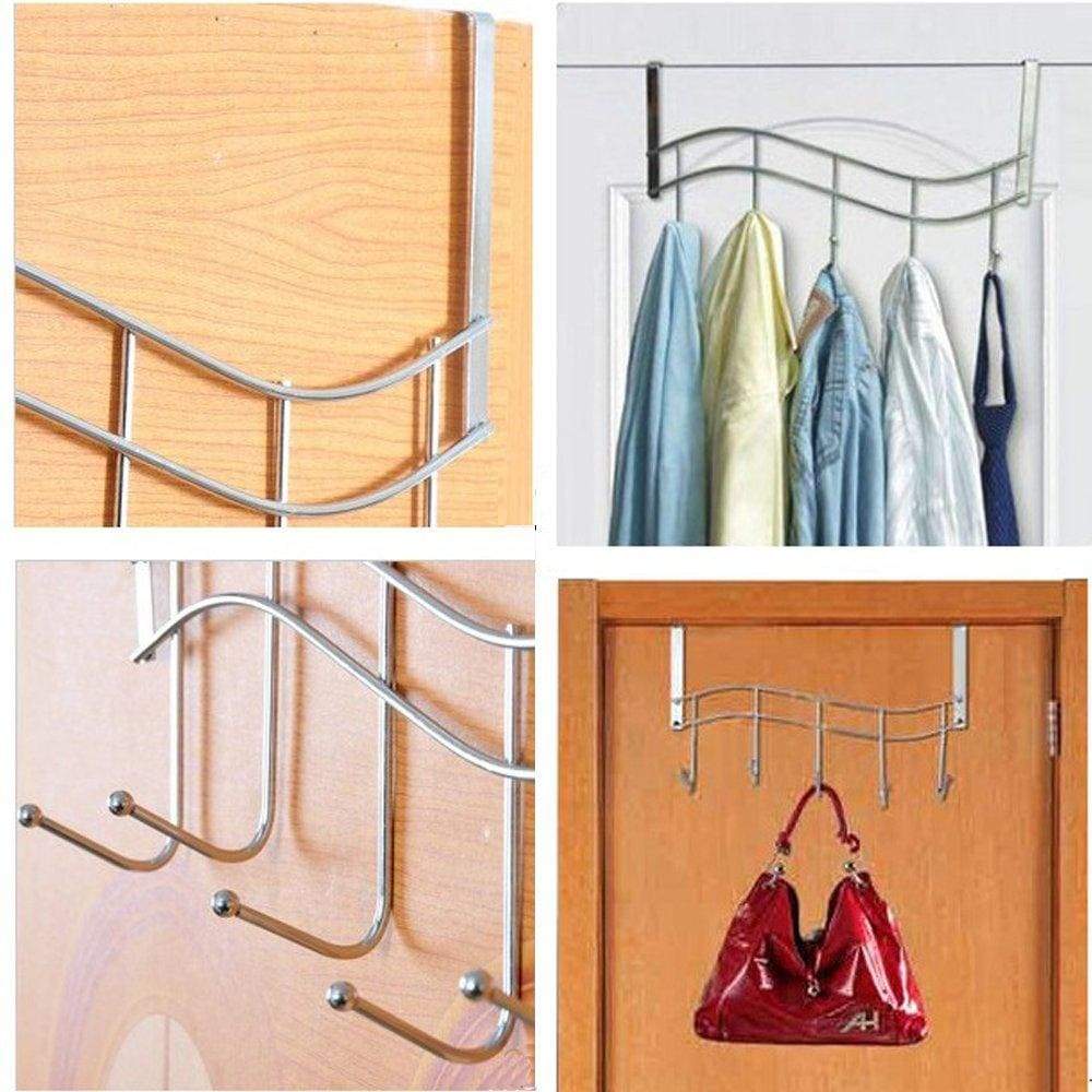 Discover the over the door hanger for kitchen tools heavy duty wall storage organizer racks with 5 hooks metal hanging bathroom jewelry closet holder backpack space saver for towel coat jacket robes chrome