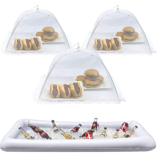 Sorbus Inflatable Serving Bar & Food Umbrella mesh Cover Screen Tent Set for Food and Beverages, Perfect for BBQ, Picnic Pool Outdoor Party Supplies, Buffet Luau Cooler,1 Salad Bar 3 Food Umbrellas