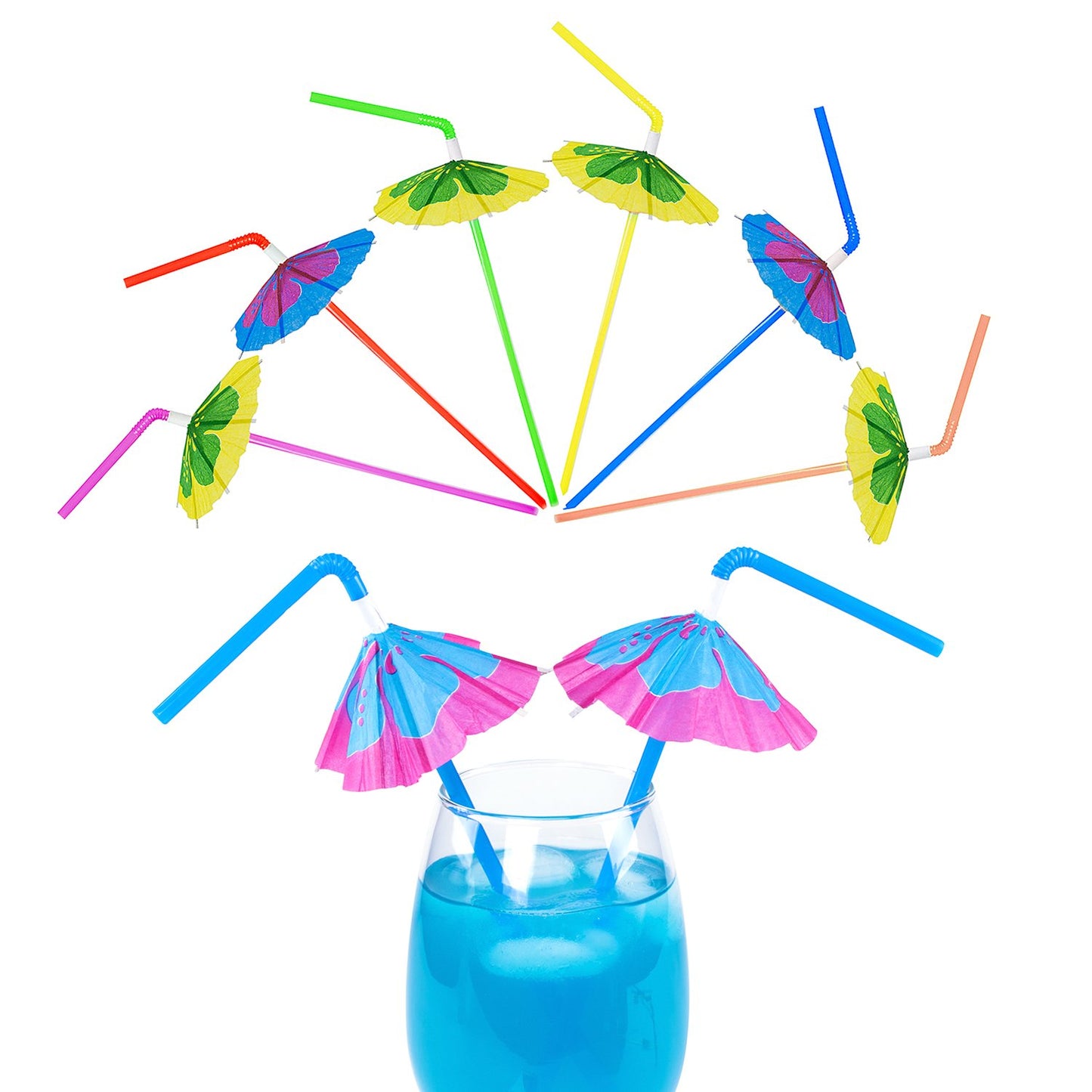 Multicolored Tropical Luau Parasol Hibiscus Print Umbrella Disposable Bendable Drinking Straws for Island Themed Party, Kitchen Supplies, Bars, Restaurants (48 Pack)