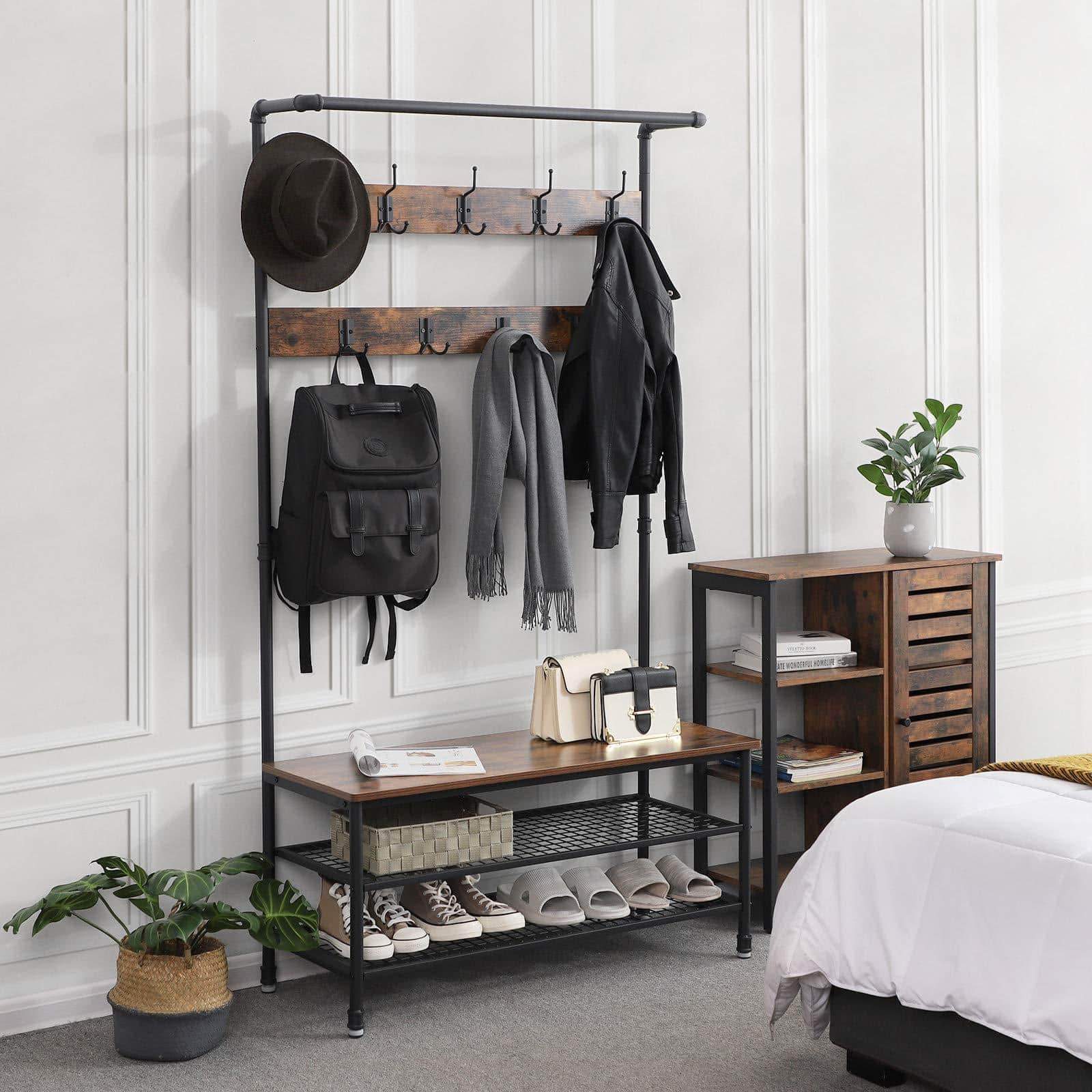 Selection vasagle industrial coat rack with storage bench pipe style large hat and coat stand with 9 hooks and shoe rack multifunctional hall tree sturdy iron frame uhsr47bx