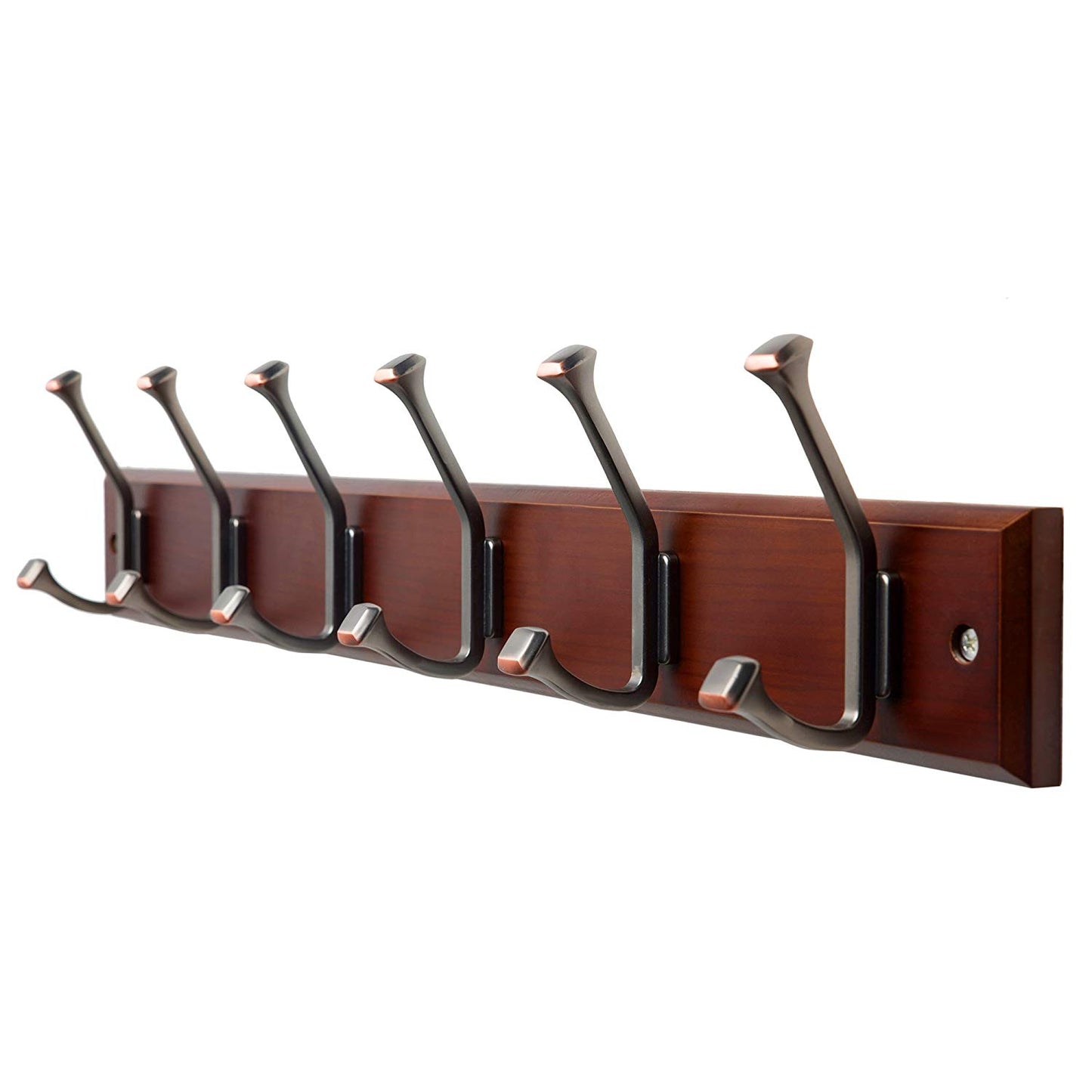 Finnhomy Wooden Coat Hooks Wall Hooks 6 Dual Hooks 24-Inch Rail/Pilltop Rack Long Coat Rack for Clothes Entryway Foyer Storage Organization Bathroom Towel Key Accessory Walnut/ORB Hook