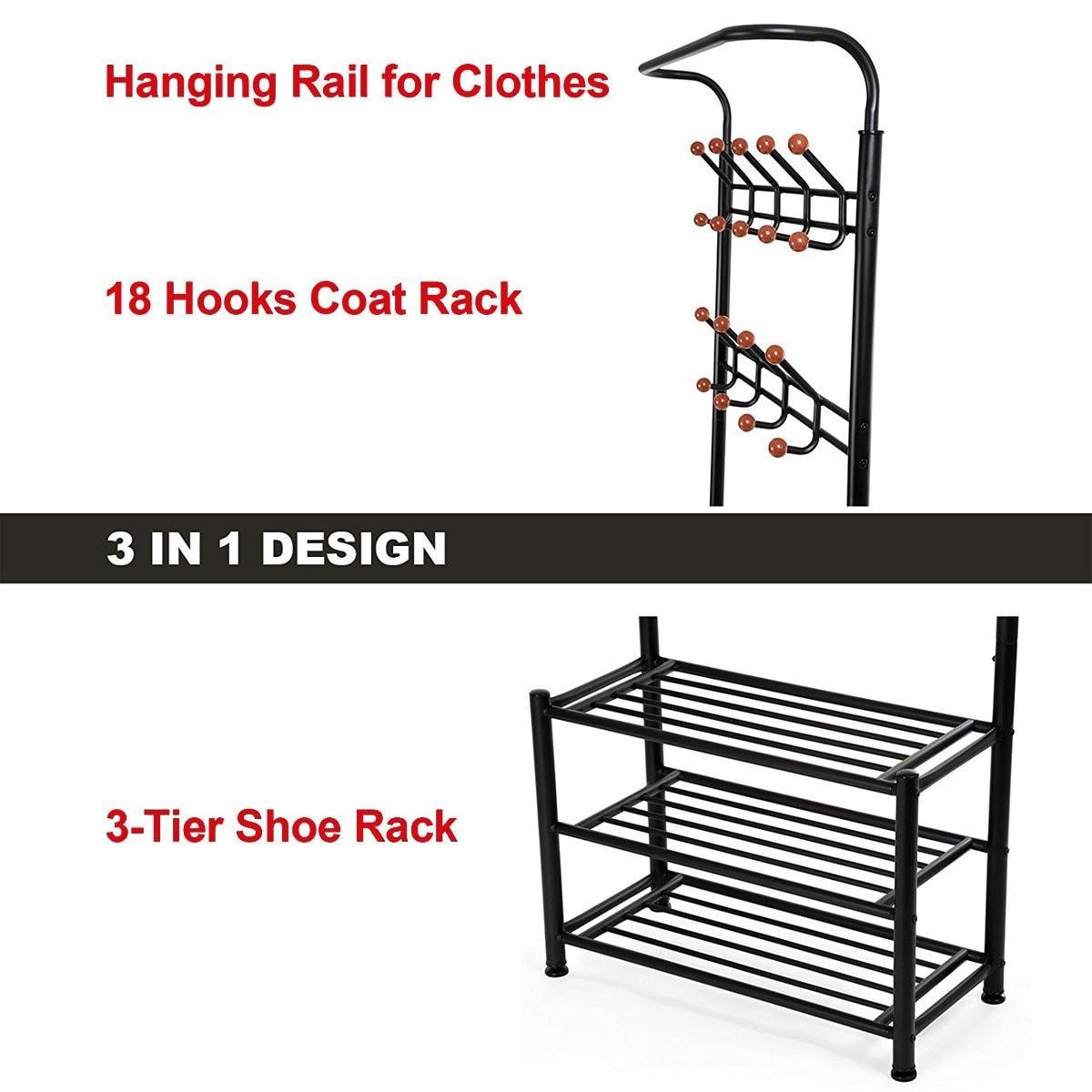 Buy now fyheart heavy duty coat shoe entryway rack with 3 tier shoe bench shelves organizer with coat hat umbrella rack 18 hooks for hallway entryway metal black