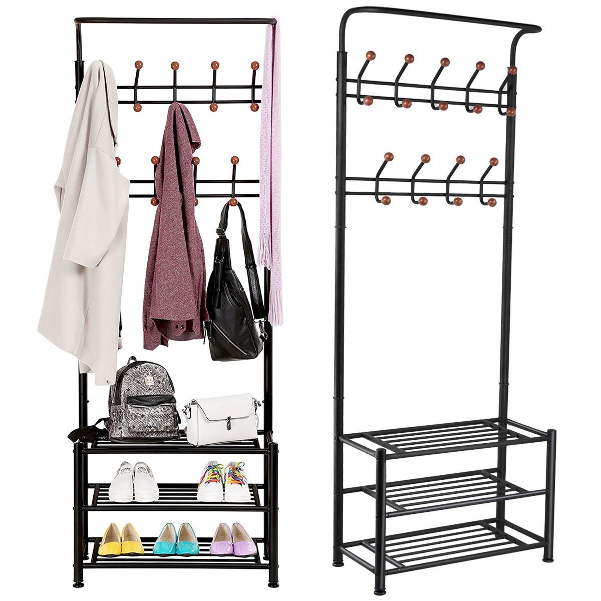 Discover the fyheart heavy duty coat shoe entryway rack with 3 tier shoe bench shelves organizer with coat hat umbrella rack 18 hooks for hallway entryway metal black