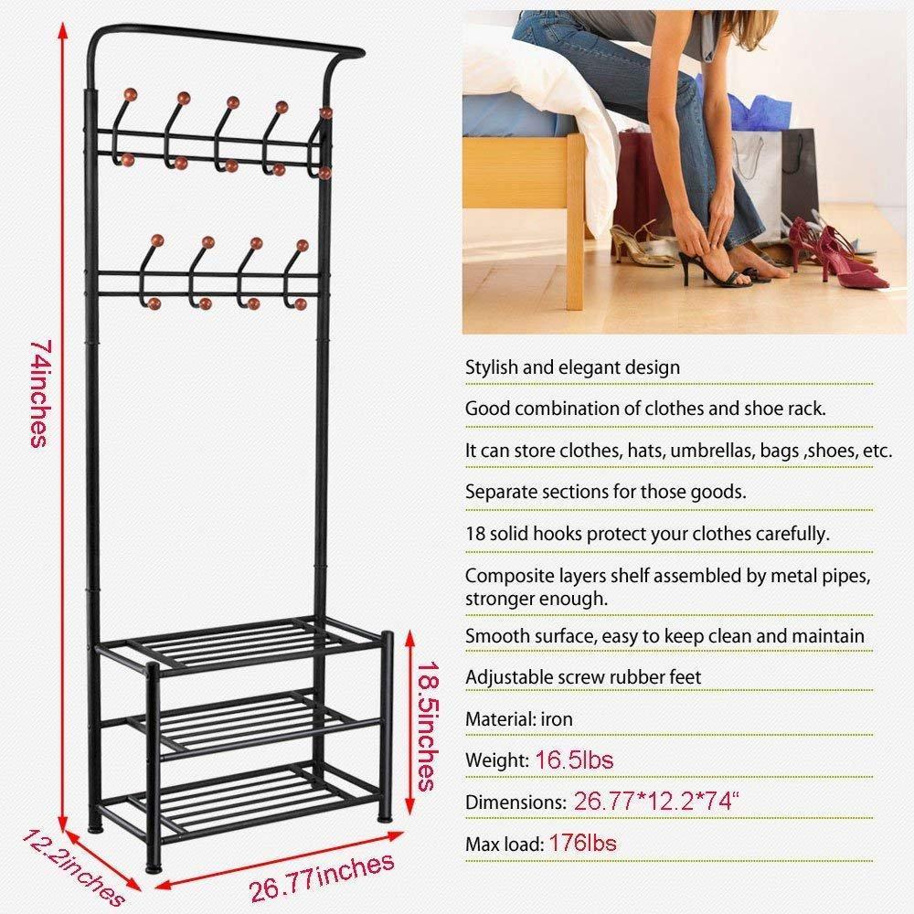 Discover fyheart heavy duty coat shoe entryway rack with 3 tier shoe bench shelves organizer with coat hat umbrella rack 18 hooks for hallway entryway metal black