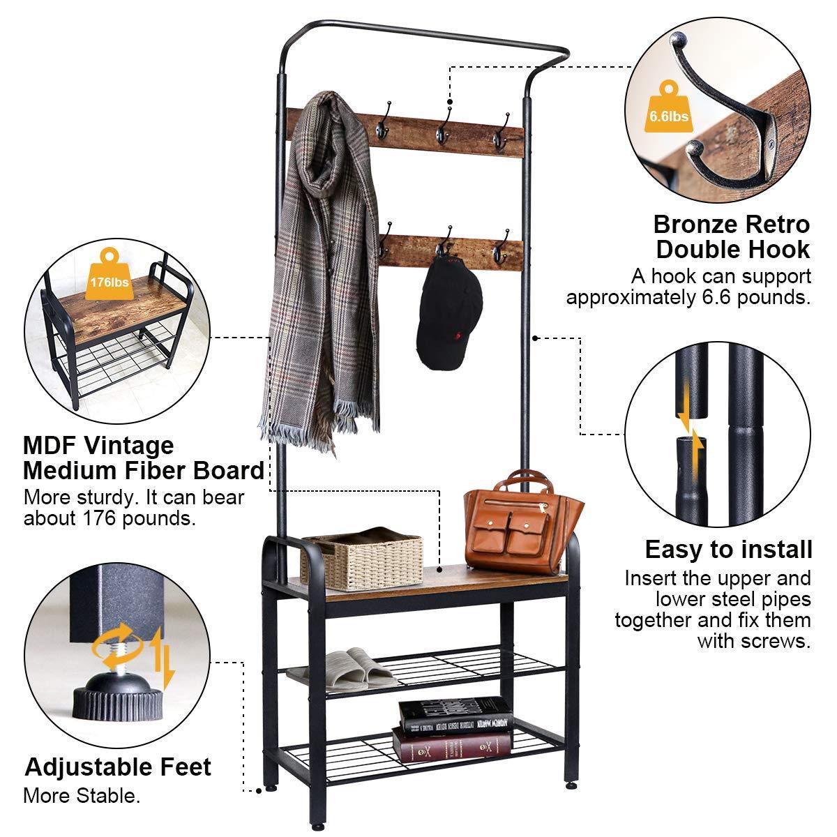 Related zncmrr entryway hall tree with shoe bench rustic coat rack industrial entryway furniture organizer with 8 double hooks and storage shelf for hallway bedroom living room easy assembly