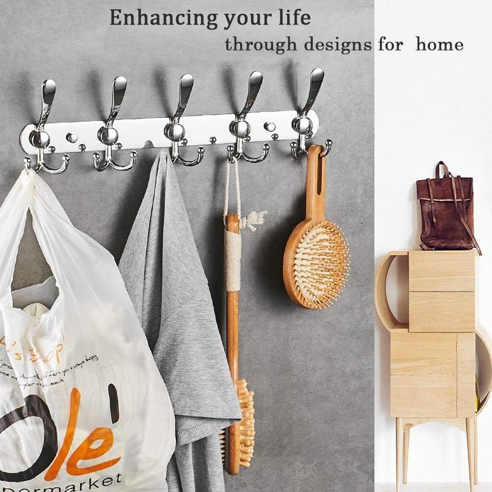 Discover besy wall mounted coat hooks self adhesive clothes robe hat rack rail with 15 hooks for bathroom kitchen office drill free with glue or wall mount with screws chrome plated 2 packs