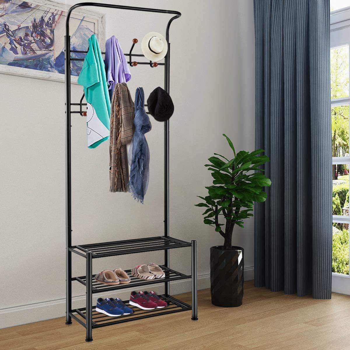 Related tomcare coat rack with 3 tier shoe rack hall tree entryway bench organizer 18 hooks coat hanger hat racks heavy duty with shoe storage shelves metal black for doorway hallway