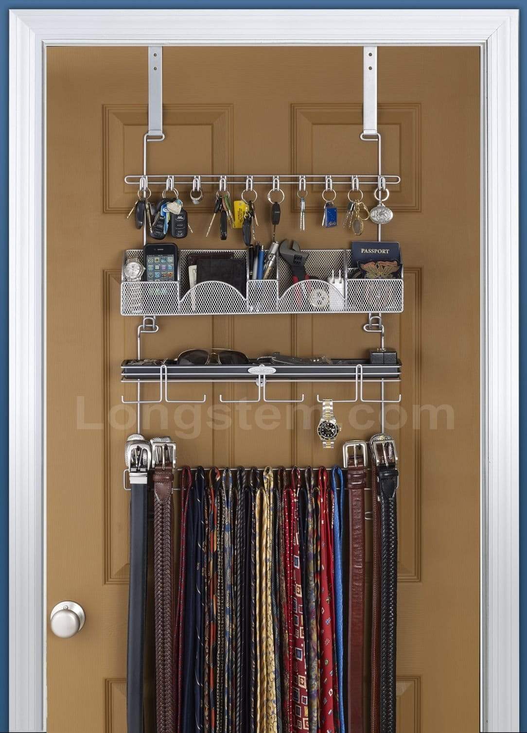 Storage organizer mens over the door wall belt tie valet organizer silver powder coat high quality mens organizer by longstem patented rated best now also in black 9200