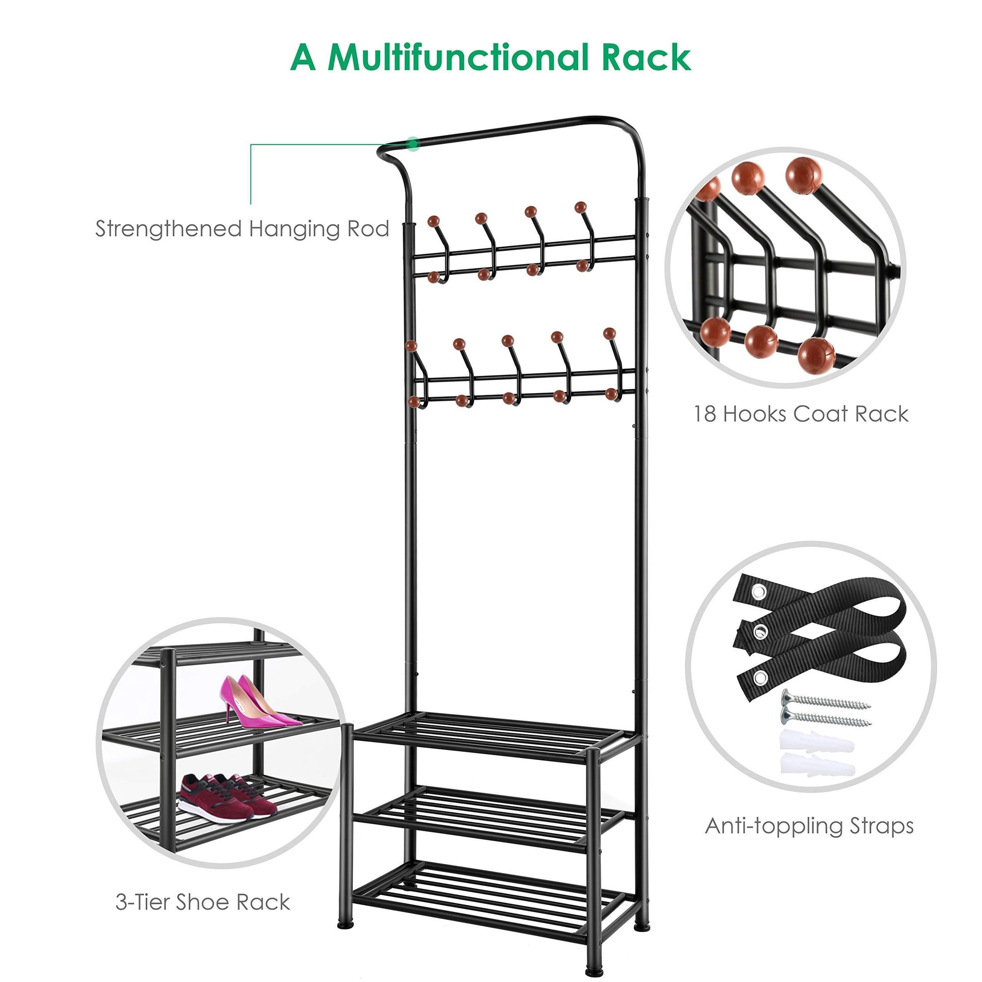 Select nice tomcare coat rack with 3 tier shoe rack hall tree entryway bench organizer 18 hooks coat hanger hat racks heavy duty with shoe storage shelves metal black for doorway hallway