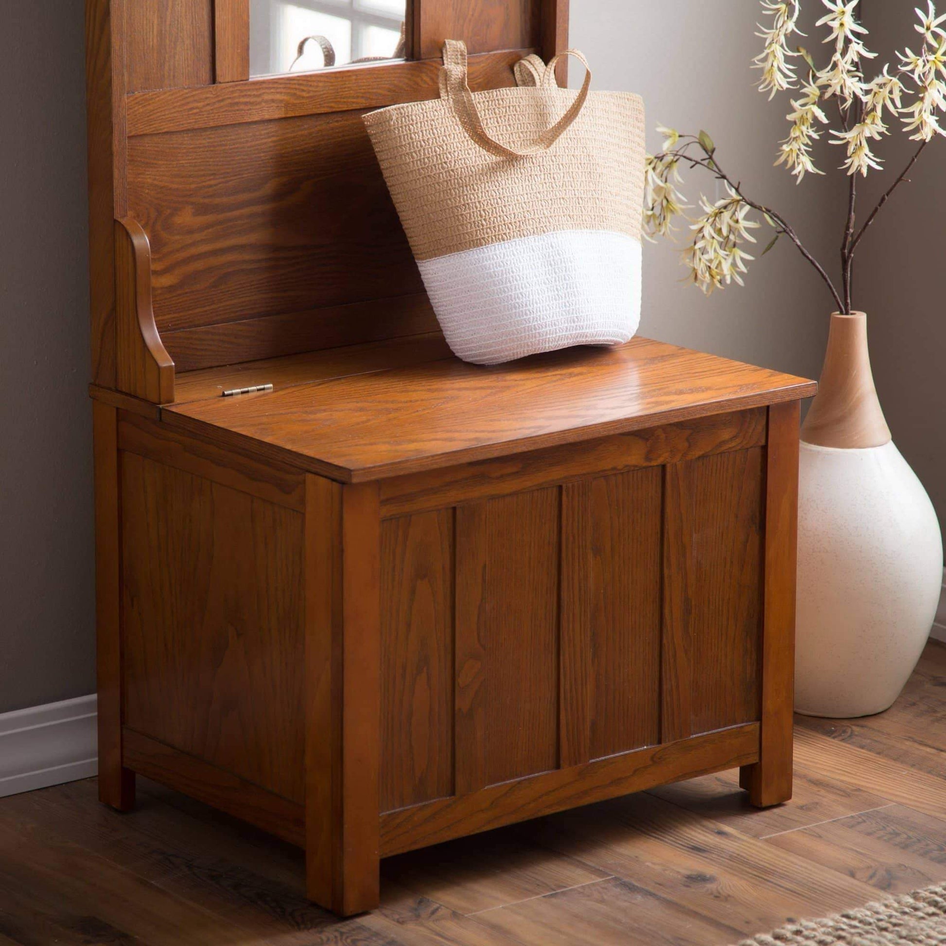 Try wooden entryway tall hall tree bench coat and hat rack with mirror in oak finish with 2 double hooks in antique bronze storage bench base and a full length central mirror