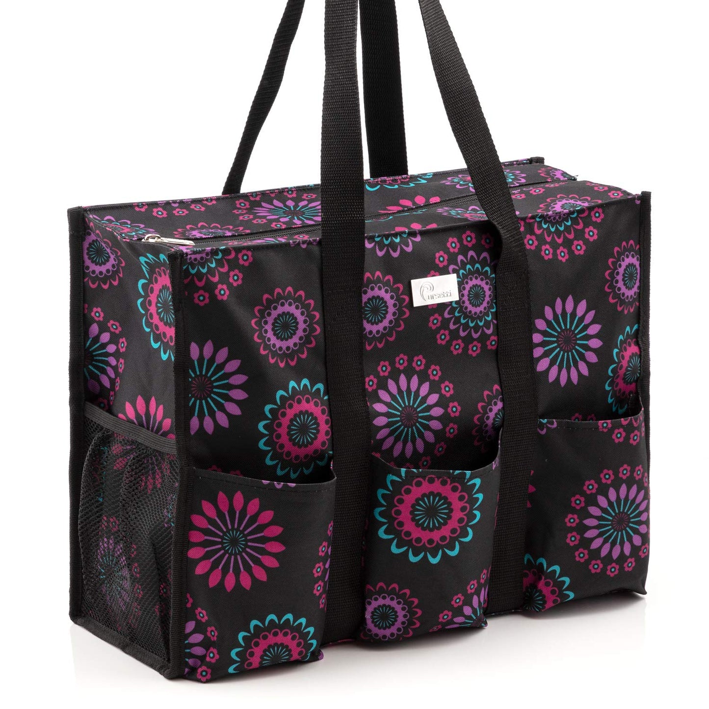 Pursetti Zip-Top Organizing Utility Tote Bag (Purple Circle_L) with Multiple Exterior & Interior Pockets for Working Women, Nurses, Teachers and Soccer Moms