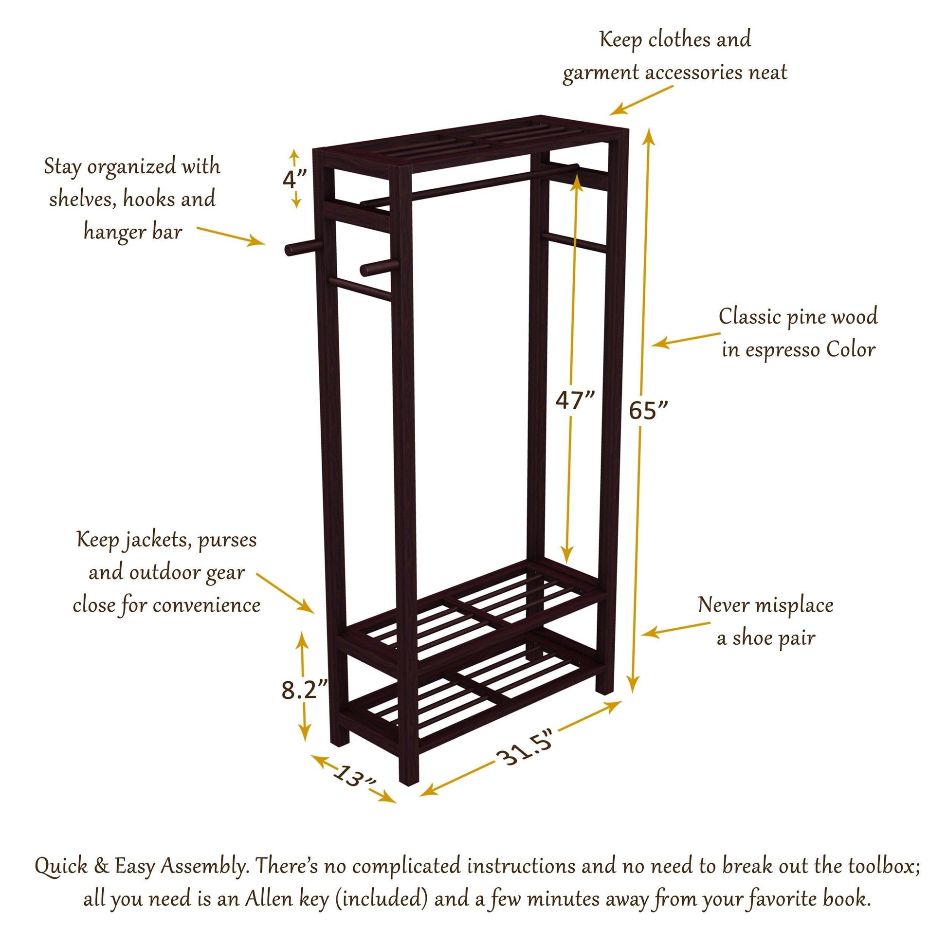 Storage organizer stony edge wood coat shoe garment rack and hat stand for hallway or front door entryway free standing clothing rail hanger easy to assemble espresso